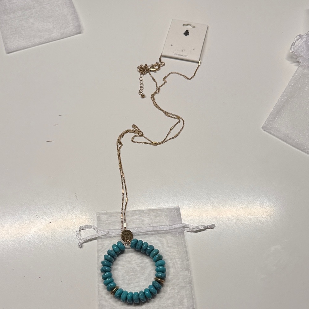 Gold Chain Necklace with Turquoise Bead Pendant